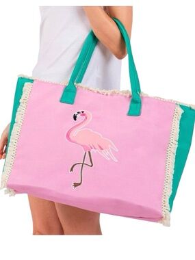 Pink & Green Embroidered Flamingo Bird & Cream Fringe Trim 17.5" Tote Beach Bag